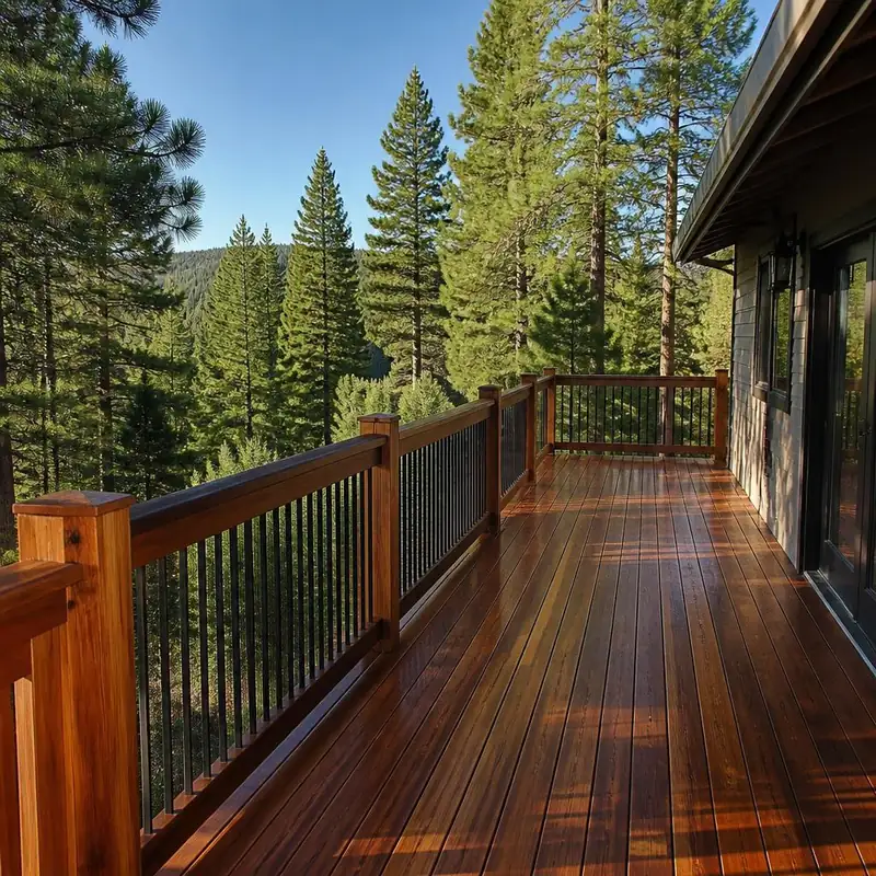 Freshly stained cedar deck overlooking pine trees